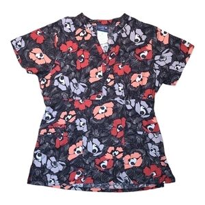 Sanibel Floral Scrub Top Gray Red Front Pockets Size Medium